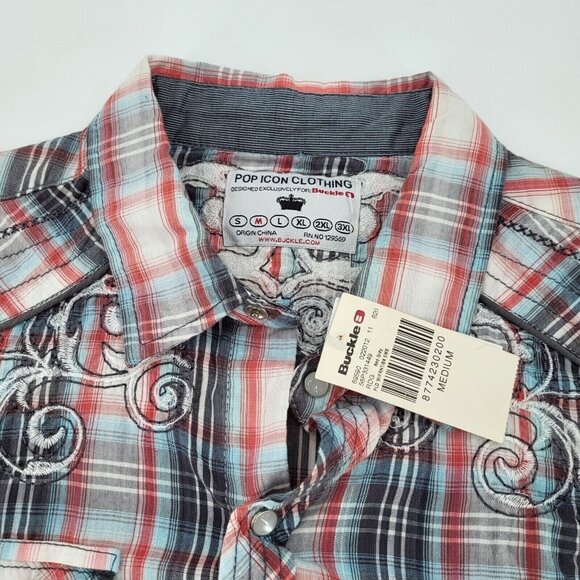 The Buckle Pearl Snap Shirt Mens Medium Red Blue‎ Plaid Icon Western Embroidered - Picture 8 of 11